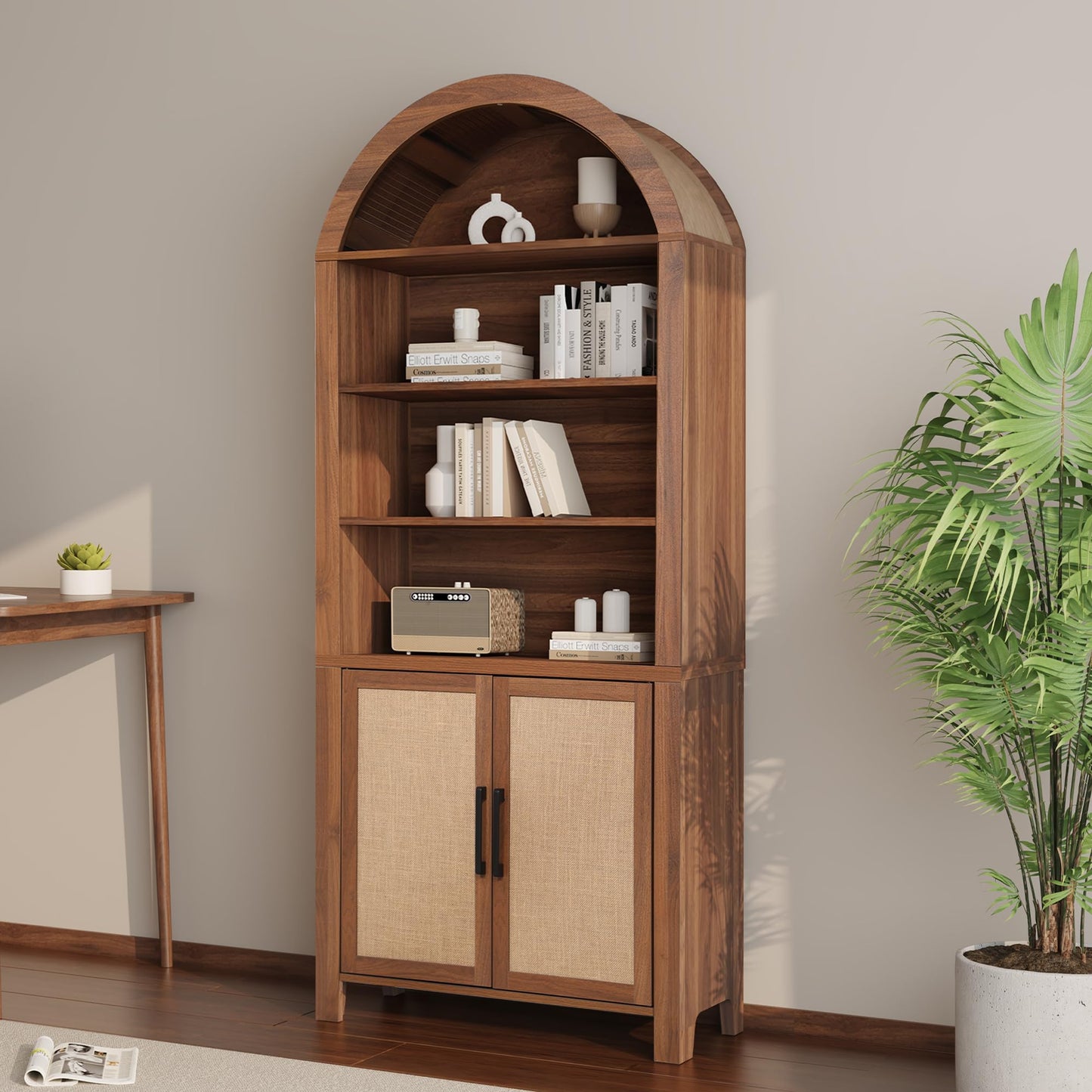 Janmer Home 71" Tall Arched Bookcase with Doors | 6-Tier Mid-Century Modern Arched Bookshelf Storage Cabinet | Adjustable Shelves | Freestanding Display Shelf for Living Room, Office (Natural)
