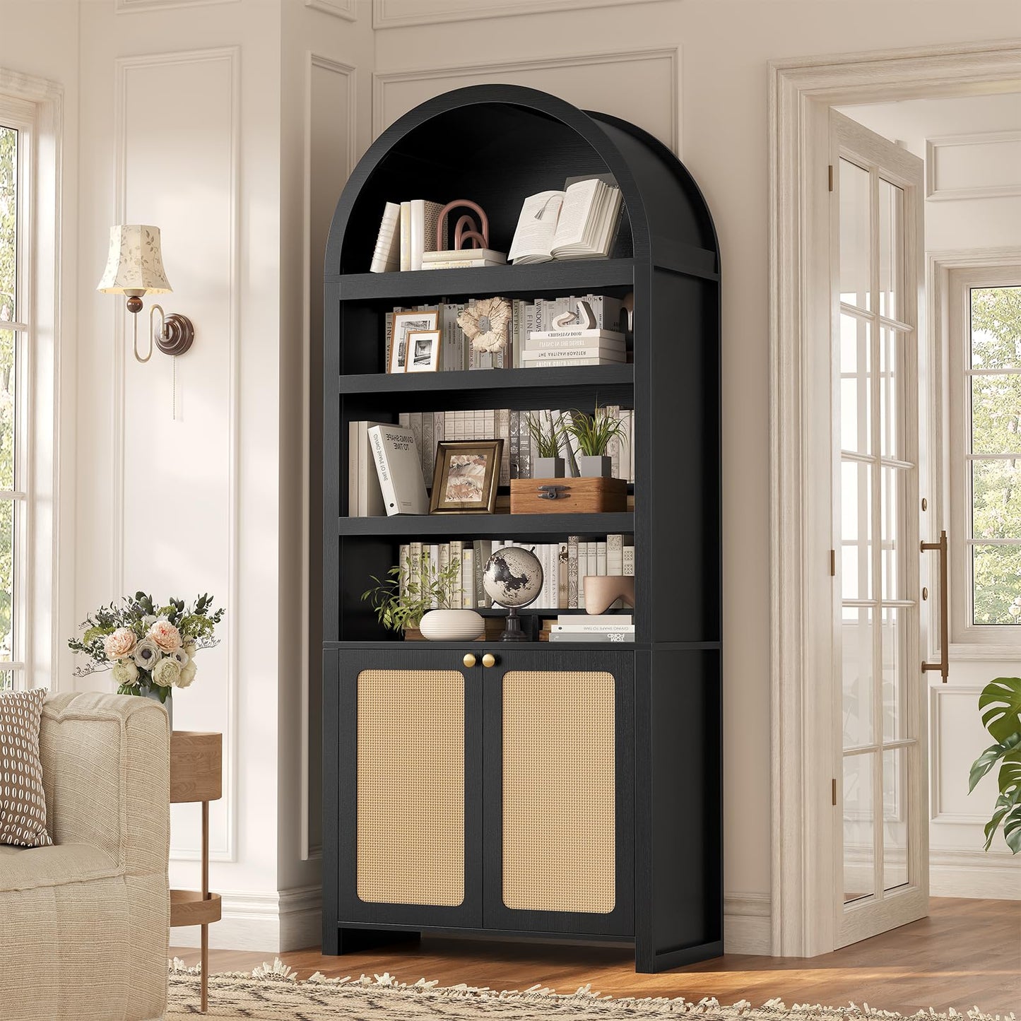 81" Tall Arched Cabinets,Bookcase with storage,Mid-Century Modern 6-Tier Bookshelf with Door,2 Book Risers and Adjustable Shelves offering more storage space for Living Room,Kitchen,Home Office,Walnut