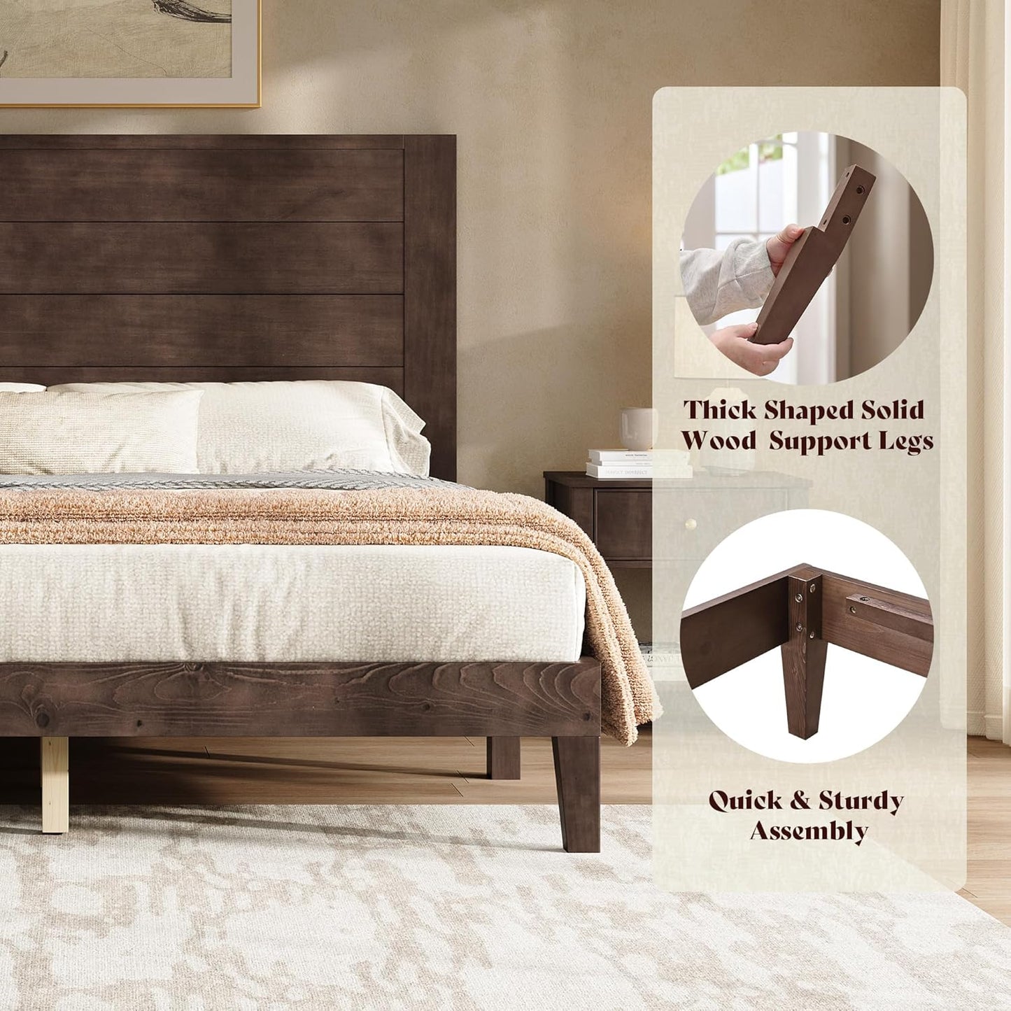 AMERLIFE Queen Size Bed Frame with 48" Tall Headboard, Mid Century Modern Solid Wood Platform Bed with Silent Wood Slat System, No Box Spring Needed, Under-Bed Storage, Dark Walnut