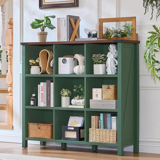 Joaxswe 9 Cube Storage Organizer, Farmhouse 47 Inch Wide Vintage Green Bookshelf, Wooden 3 Tier Display Large Open Book Shelf, Rustic Bookcase for Home Office, Cubby Storage Cabinet for Living Room