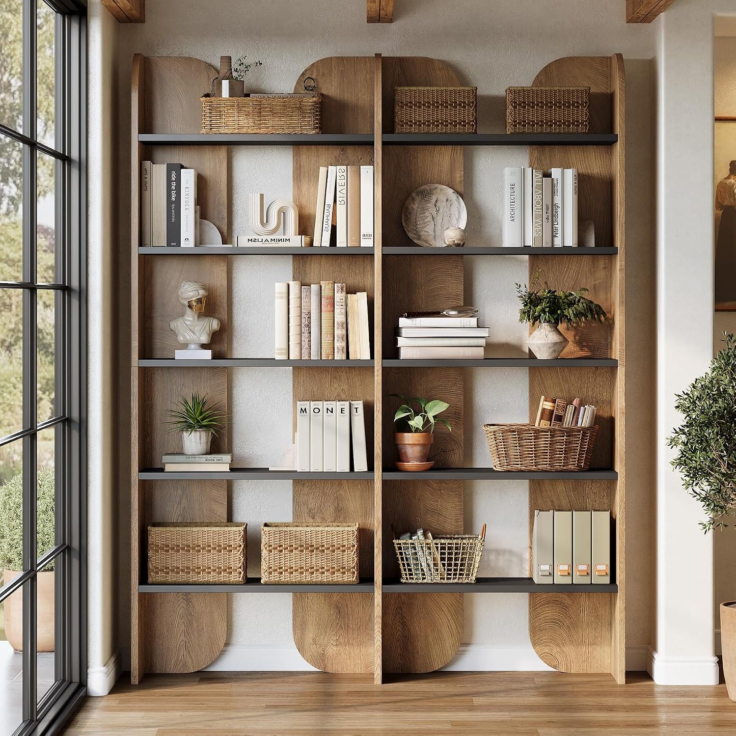 Tribesigns 70.87" Tall Farmhouse Bookshelf, 5-Tier Double Wide Bookcase with Open Shelves, Vintage Bookshelf for Living Room, Office, Study Room, Bedroom（Brown）