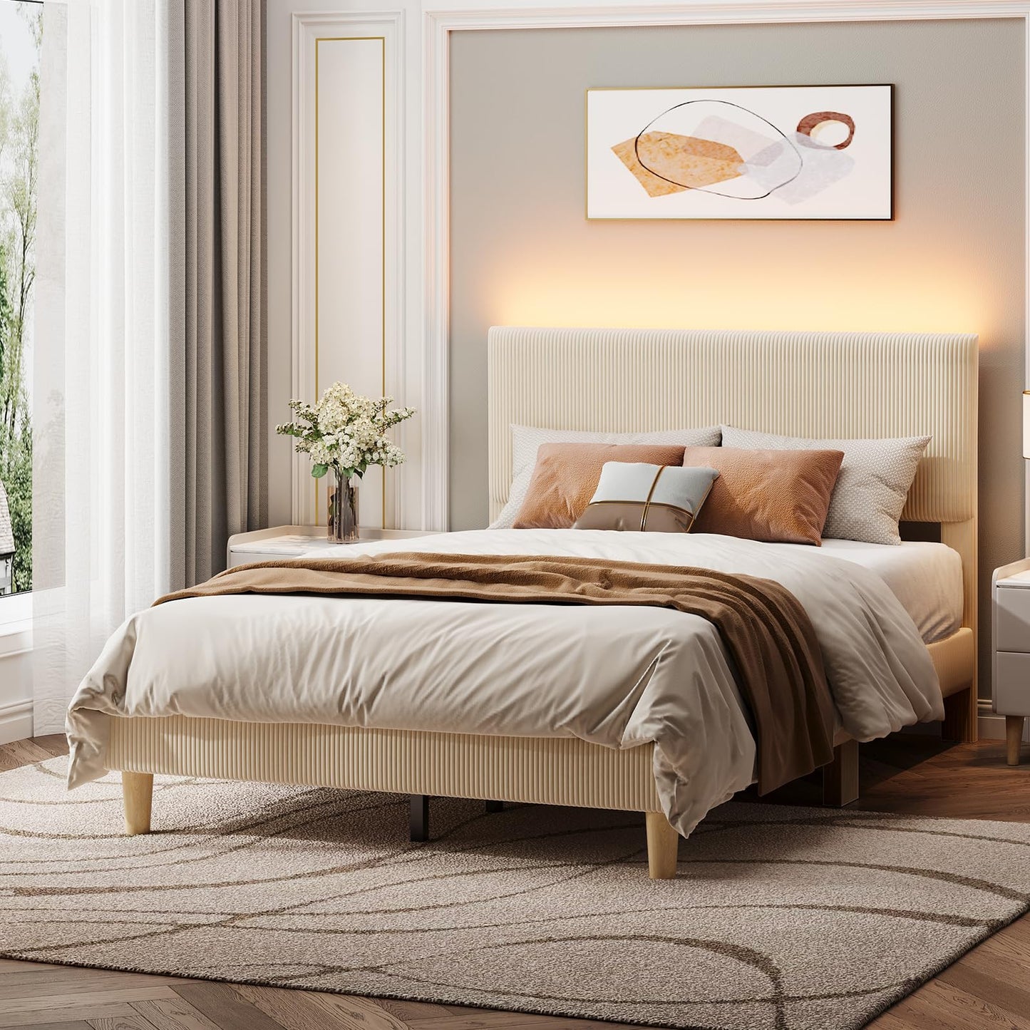 Bestier Queen Bed Frame with Headboard,Platform Queen Size Bed Frame with LED Lighting,Bed Frame Wooden Slats Support,No Box Spring Needed,Never Squeaks, Easy Assembly,Beige