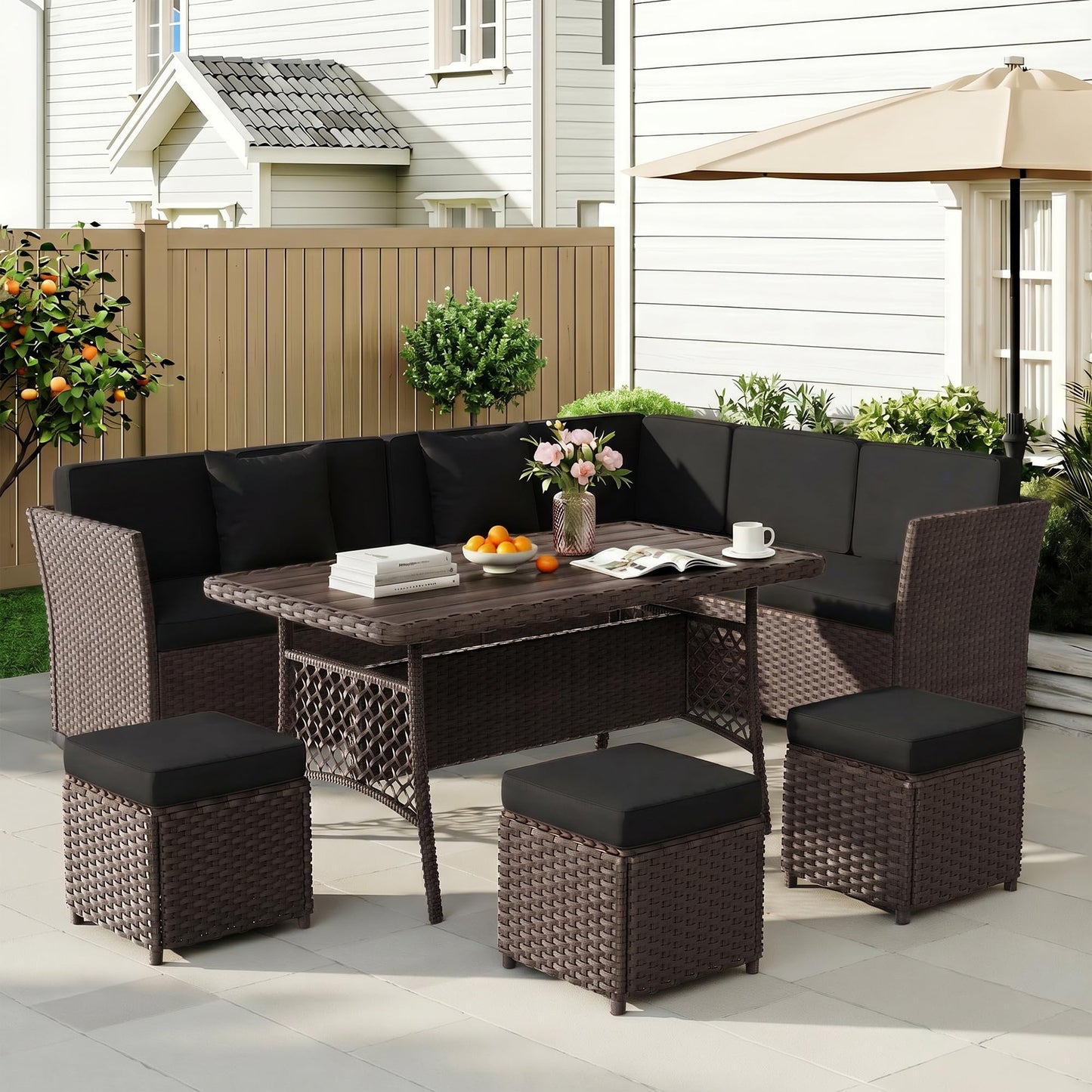 LOUVIXA 7 Pieces Patio Furniture Set, Outdoor Patio Furniture, Wicker Conversation Set with Dining Table, Chairs and Ottoman (17 Modern Black)