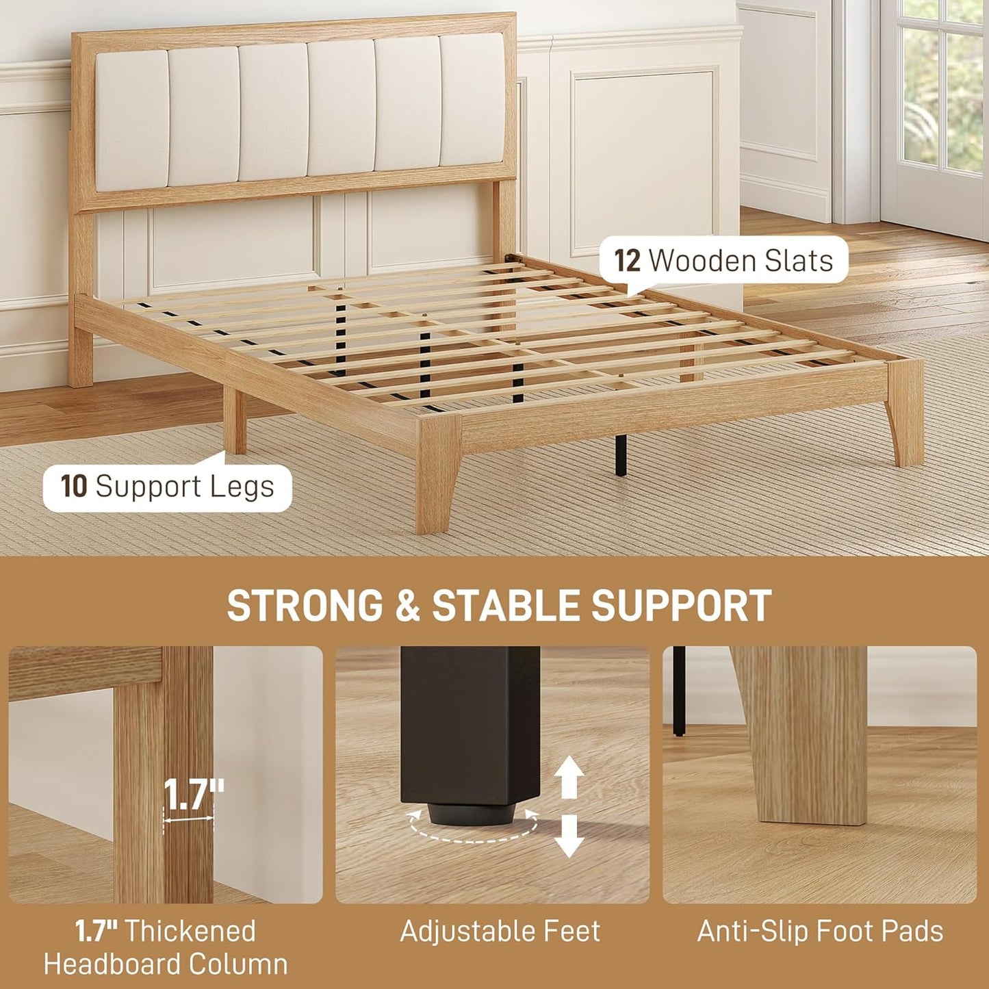 HOMCOM Full Size Bed Frame with Upholstered Headboard, Platform Bed Frame with Wooden Slats, No Box Spring Needed, Easy Assembly, Natural