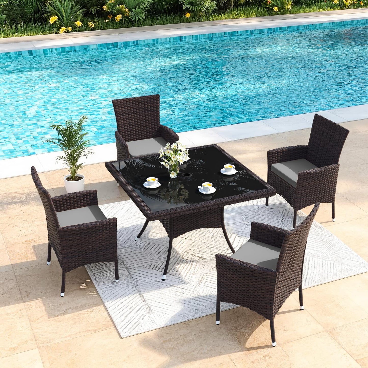 Gotland 5 Piece Outdoor Dining Set, All-Weather Rattan Patio Furniture Set with Umbrella Hole Tempered Glass Square Table, Outdoor Table and Chairs with Removable Cushions for Backyard, Deck, Sand