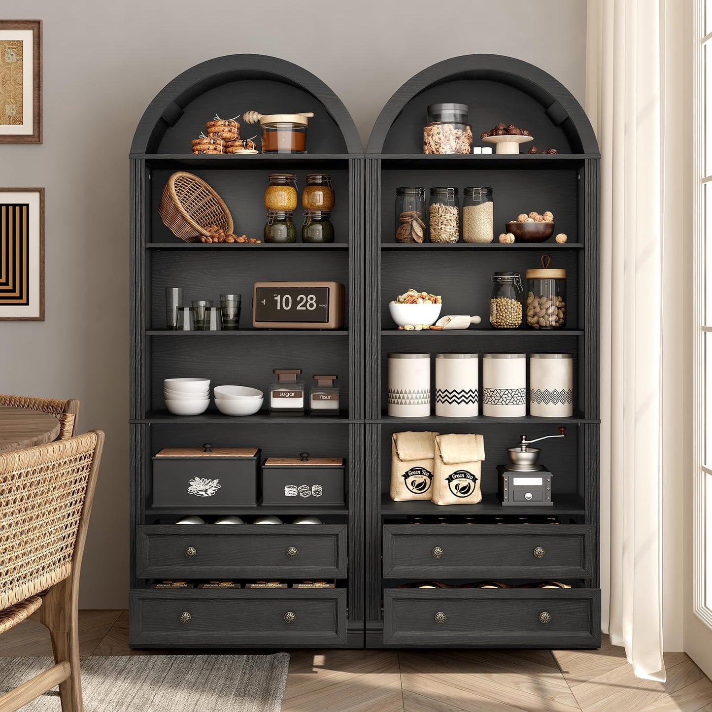 RALGEND Farmhouse Arched Bookshelf, 7 Tiers Arch Bookcase with 2 Spacious Drawers, Modern Book Shelf with Open Display Shelves and Storage Cabinet, for Office, Living Room, Kitchen, Walnut
