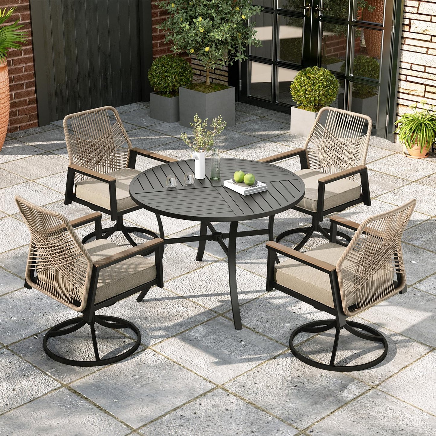 MIXPATIO 7 Pieces Round Outdoor Dining Set for 6, Patio Dining Set Wicker Rattan Chairs with Soft Cushion and 54" Round Table with Umbrella Hole, Round Patio Table and Chairs for Backyard Porch