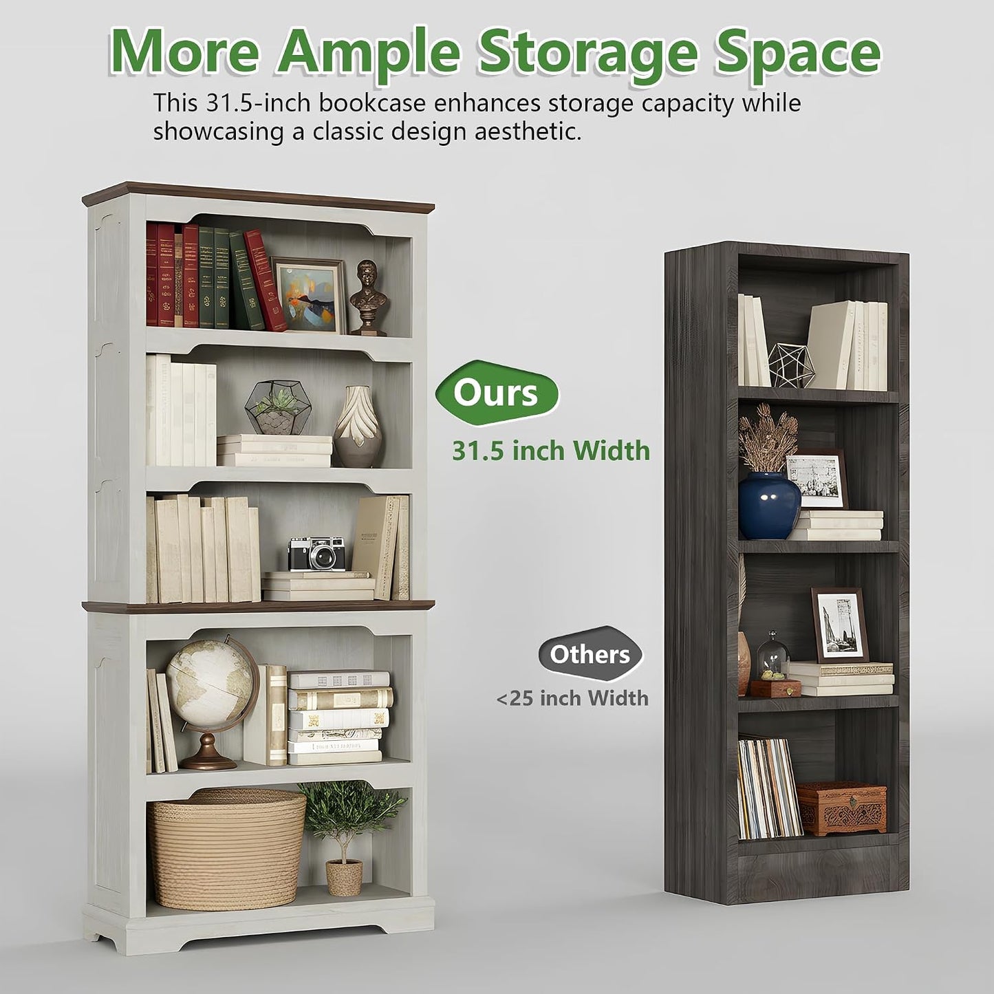 70" Two-Tone 5-Tier Farmhouse Bookshelf with Arched Trim Open Storage Shelves