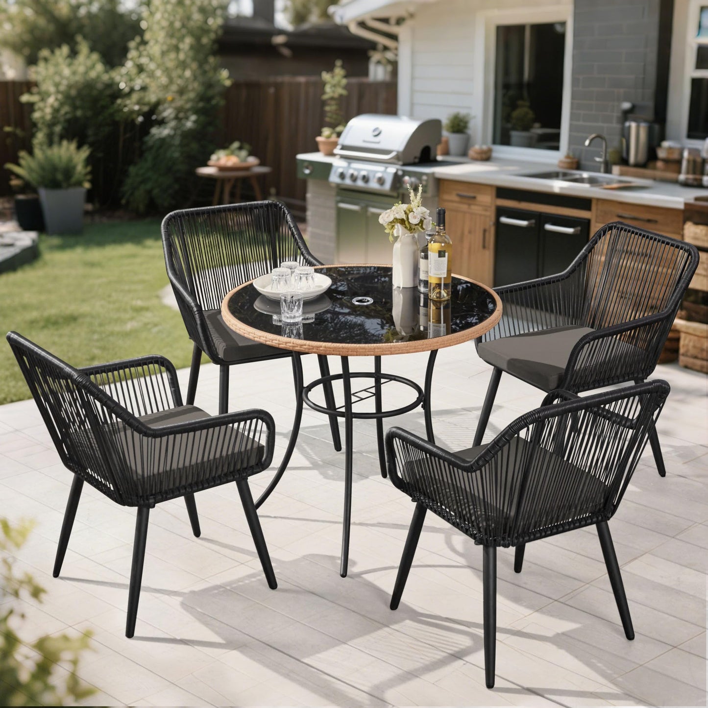 5-Piece Grey Black Wicker Outdoor Dining Set with Glass Table & Waterproof Cushions