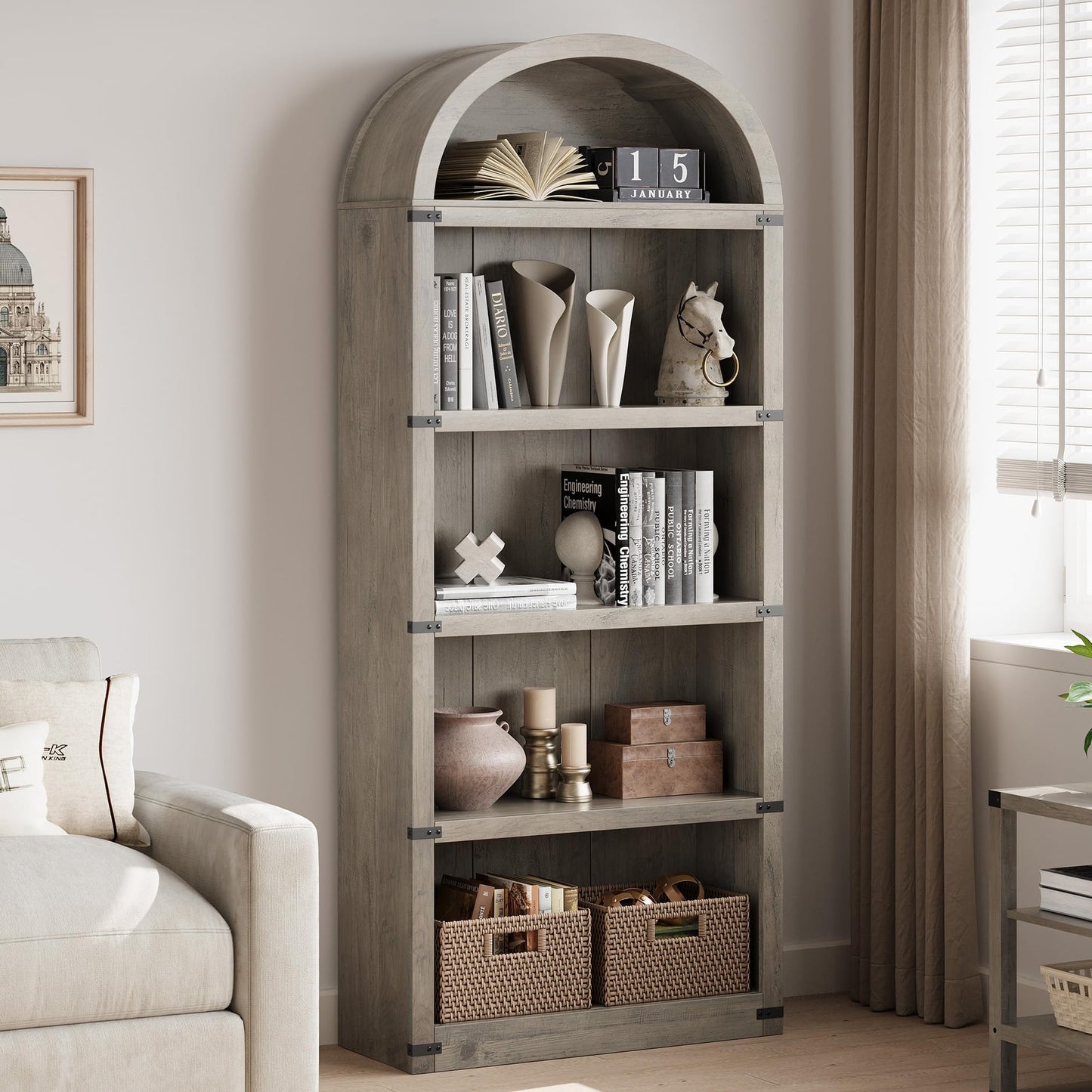GarveeHome Bookcase 5 Shelf Arched Bookshelf 71.65 in Tall Bookcase Farmhouse Display Storage Rack Wooden Bookshelves for Home Office, Living Room