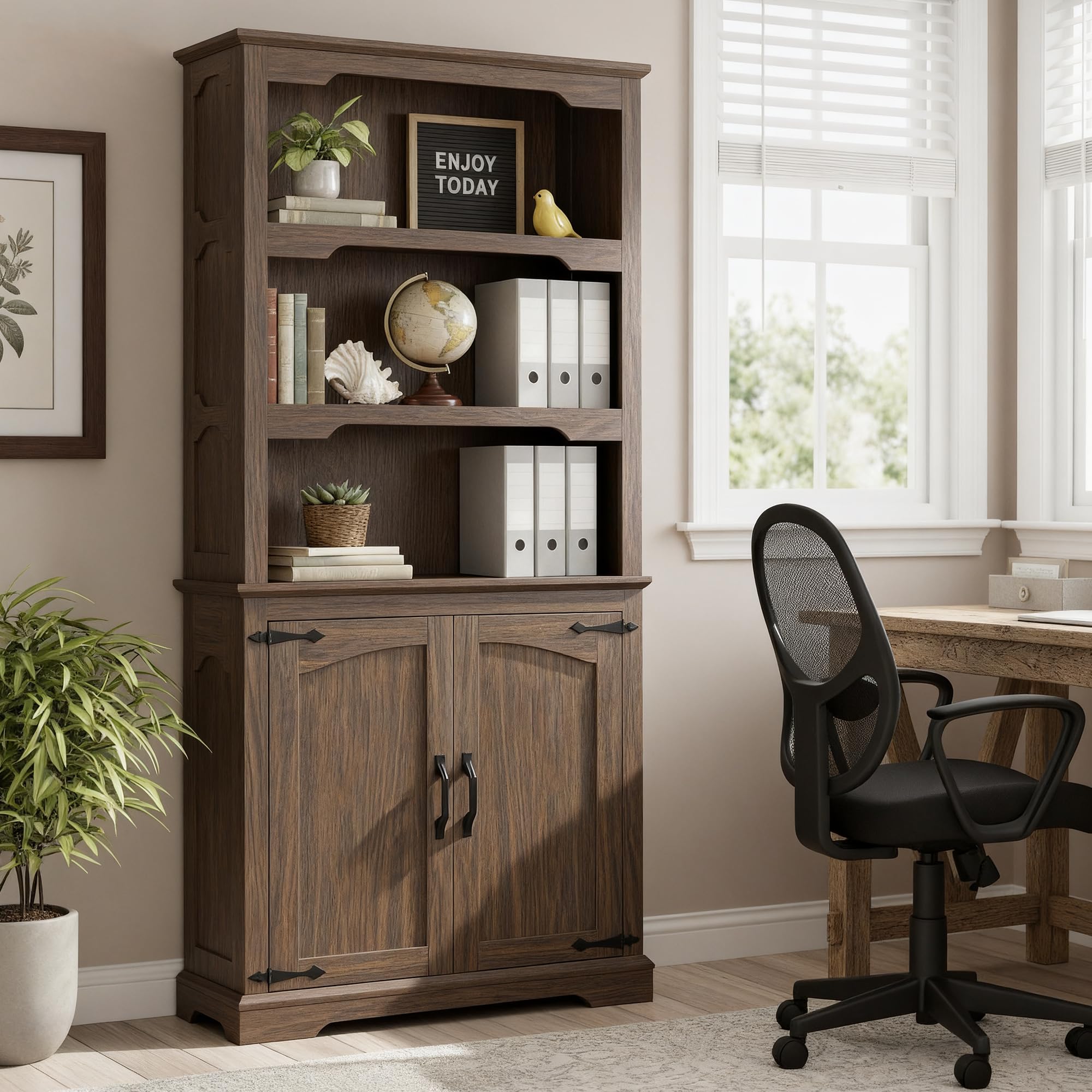 70" Two-Tone 5-Tier Farmhouse Bookshelf with Arched Trim Open Storage Shelves