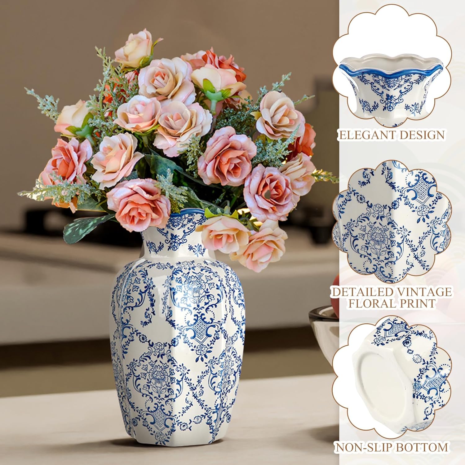 2 Pcs Blue and White Vintage Vase Chinoiserie Floral Vase 9.5'', 6'' Rustic Ceramic Vases for Home Decors, Living Room, Bookshelf, Office, Grand Millennial Decor, Chinoiserie Decors