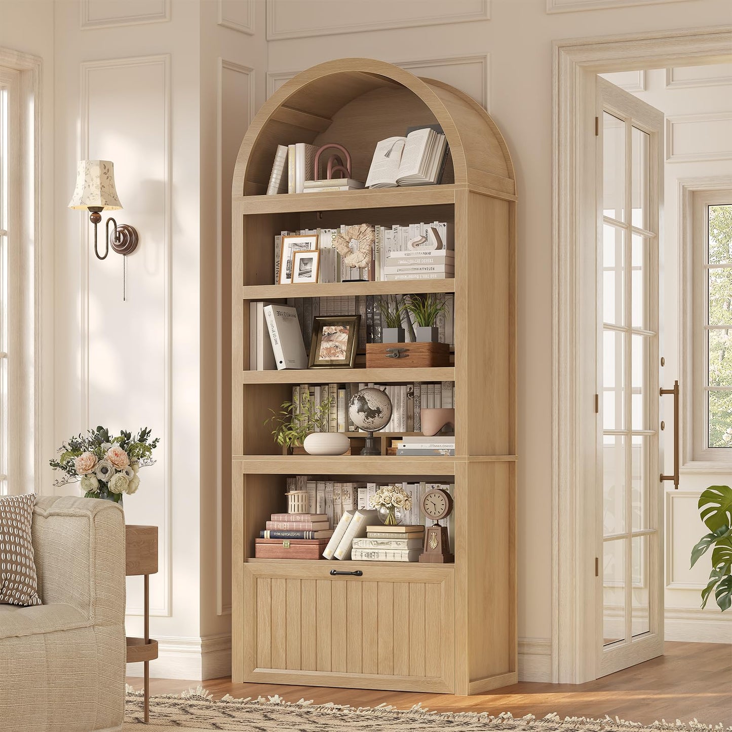 81" Tall Arched Cabinets,Bookcase with storage,Mid-Century Modern 6-Tier Bookshelf with Door,2 Book Risers and Adjustable Shelves offering more storage space for Living Room,Kitchen,Home Office,Walnut