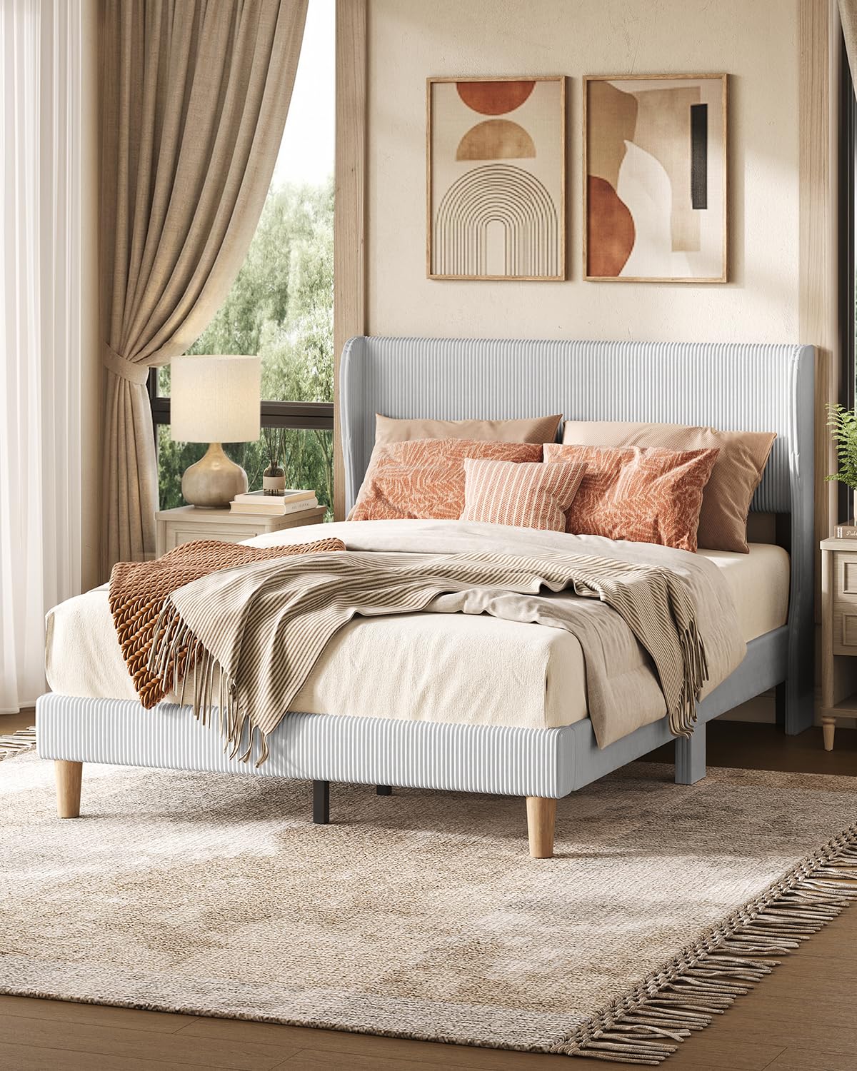 Bestier Queen Bed Frame with Headboard,Platform Queen Size Bed Frame with LED Lighting,Bed Frame Wooden Slats Support,No Box Spring Needed,Never Squeaks, Easy Assembly,Beige
