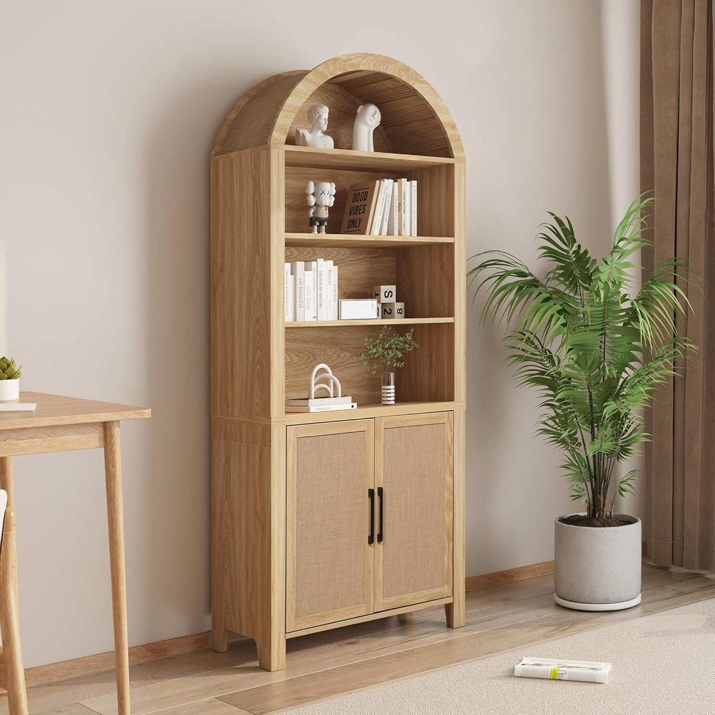 Janmer Home 71" Tall Arched Bookcase with Doors | 6-Tier Mid-Century Modern Arched Bookshelf Storage Cabinet | Adjustable Shelves | Freestanding Display Shelf for Living Room, Office (Natural)