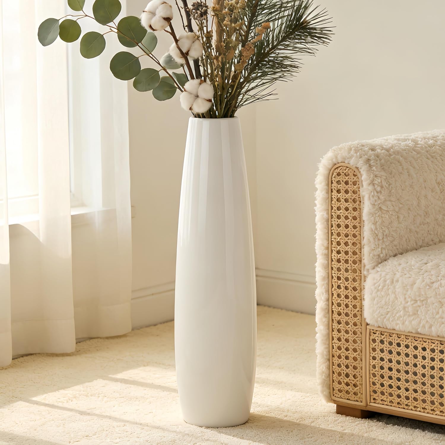 24" Tall Ceramic Floor Vase, GDSZJLJ White Large Decorative Vases for Modern Home Decor, Living Room, Minimalist Style Big Flower Vase for Pampas Grass, Flowers, Twigs, Office, Bedroom Décor