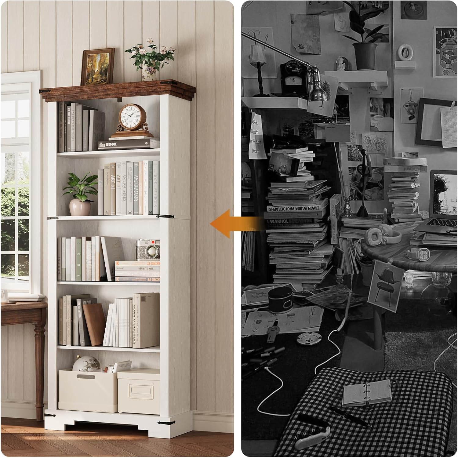 61.1" White 5 Tier Farmhouse Storage Bookshelf with Adjustable Shelf
