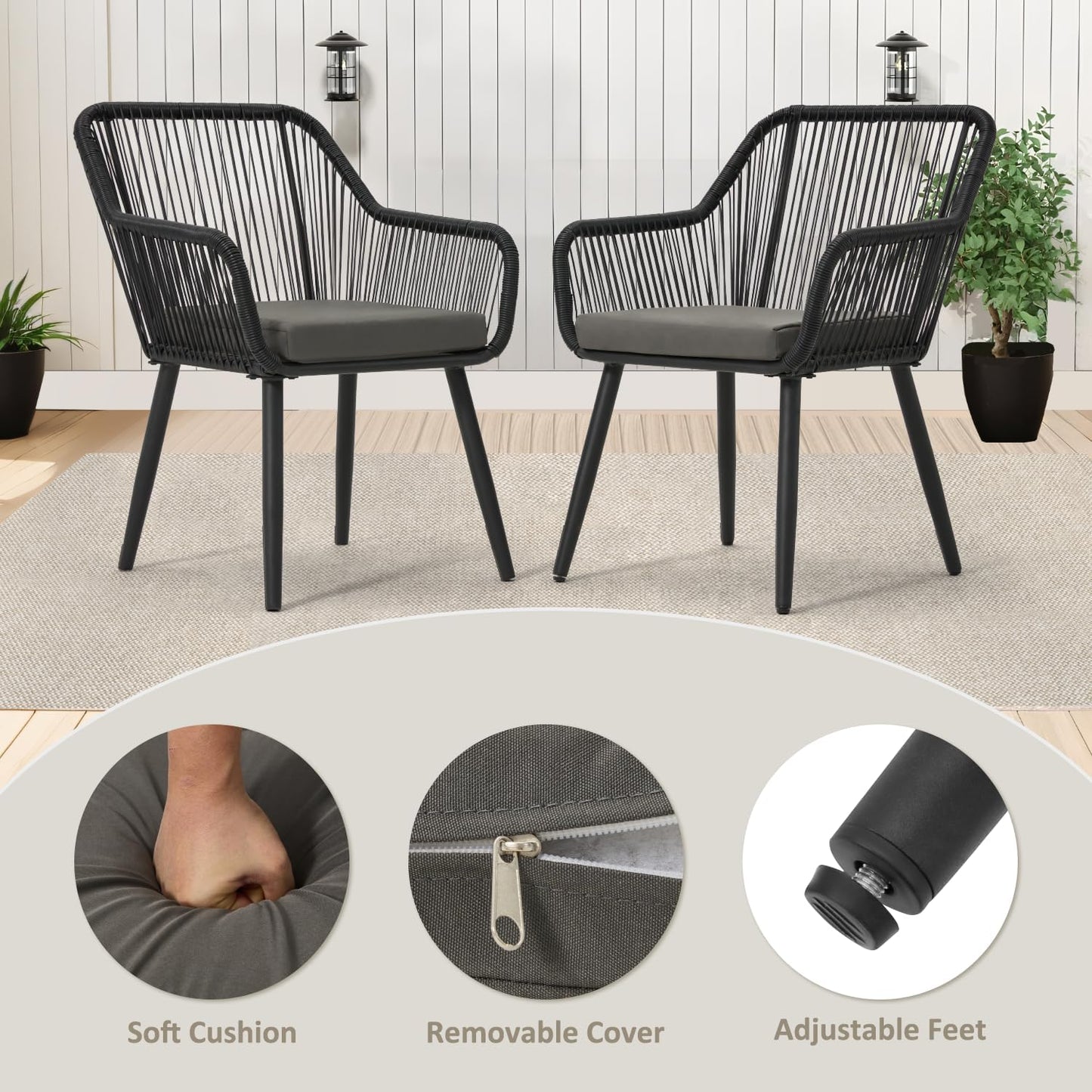 5-Piece Grey Black Wicker Outdoor Dining Set with Glass Table & Waterproof Cushions