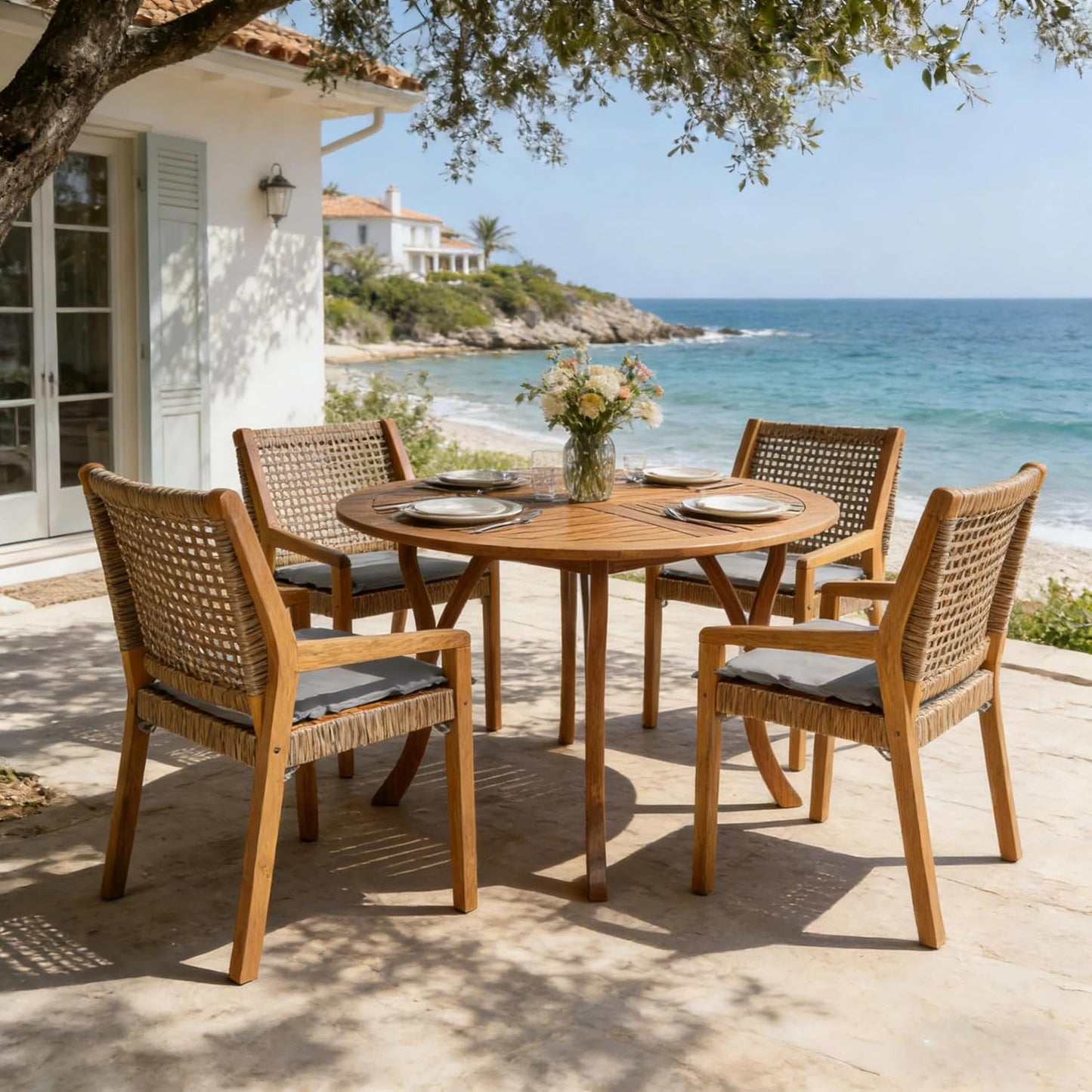 Christopher Knight Home Verle Wooden Patio Dining Set for 4, Acacia Wood Outdoor Dining Table Set for 4, 5 Piece Outdoor Dining Set with Round Table and Armchair with Seat Cushion, Teak+Grey
