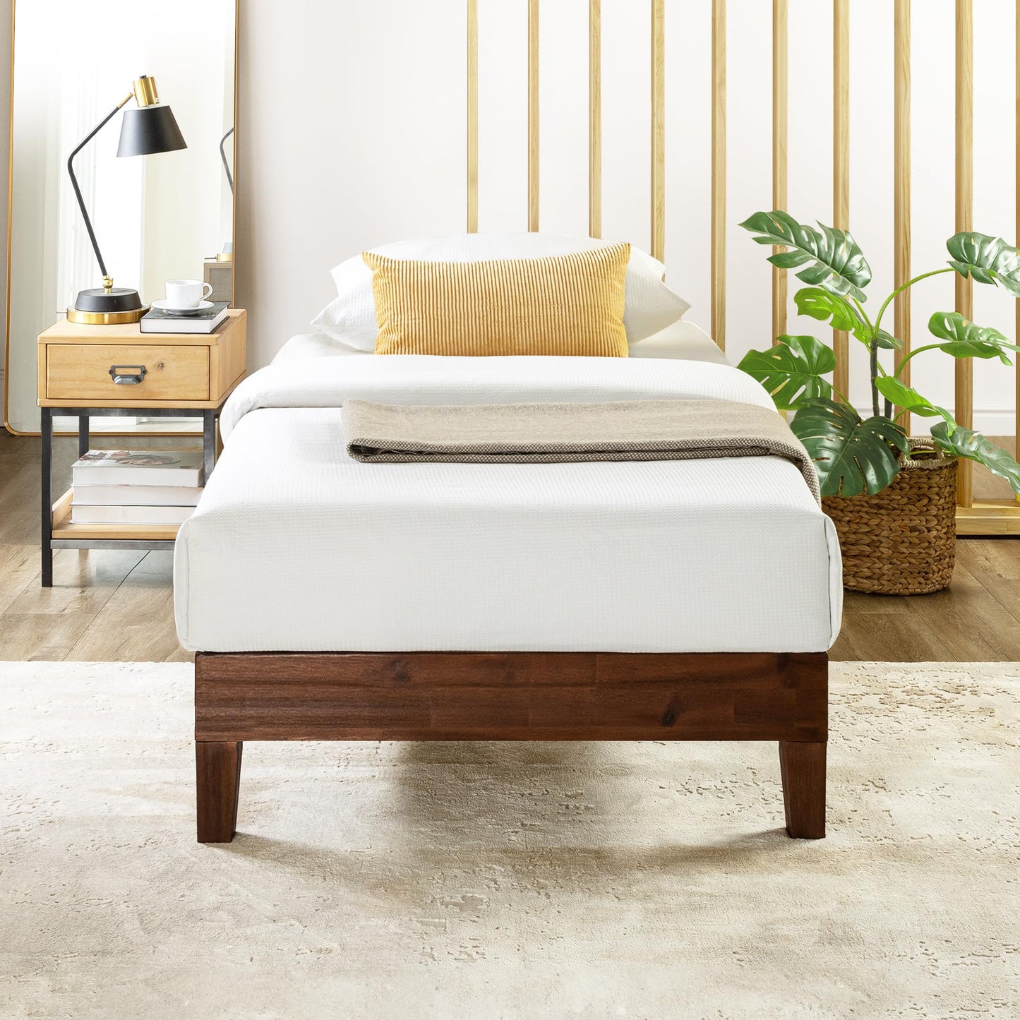 Mellow Naturalista Classic - 12 Inch Solid Wood Platform Bed with Wooden Slats, No Box Spring Needed, Easy Assembly, Queen, Pine