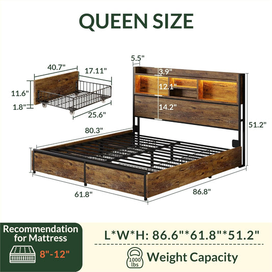 LARMACE Queen Size Bed Frame with 6 Storage Drawers and Headboard Wooden Platform Bed Frame with LED Lights and Charging Station Easy Assembly/No Box Spring Needed/Vintage Brown