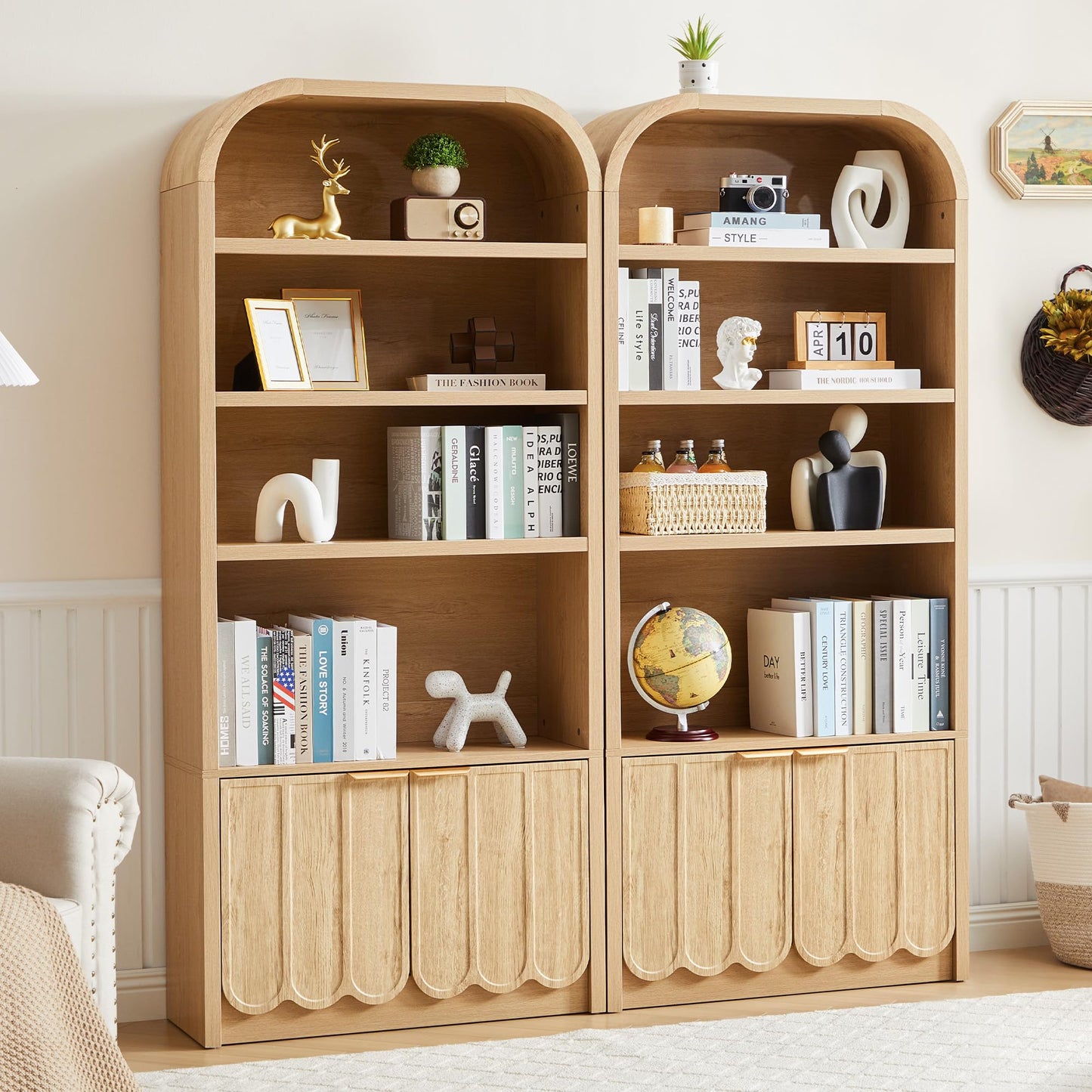 ORRD 70" Tall Arched Bookshelf with Storage Cabinet, Modern 4-Tier Wood Bookcase with Scalloped Doors & Gold Handles, Open Display Shelves for Living Room, Bedroom, or Home Study Office (Walnut)