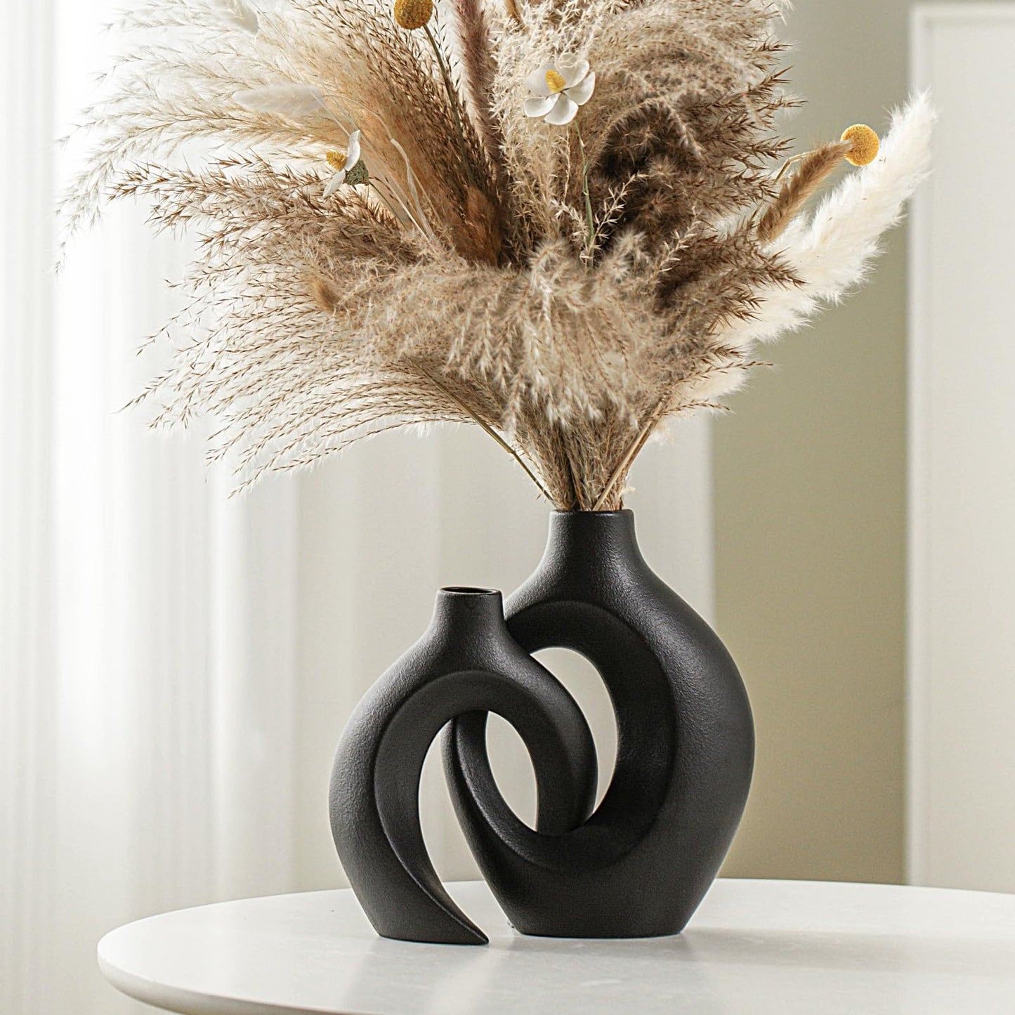 Lvases Snuggle Hollow Ceramic Vase Set of 2, 11Inch Nordic Modern Boho ins Style Decorative Ceramic Aesthetic Flower Vases for Home Decor Living Room Shelf Table Decorative (Matte Navy Blue)