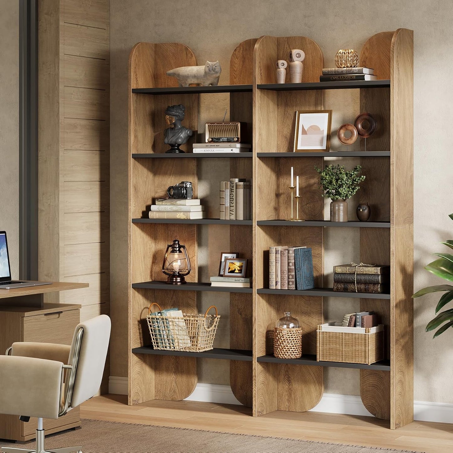 Tribesigns 70.87" Tall Farmhouse Bookshelf, 5-Tier Double Wide Bookcase with Open Shelves, Vintage Bookshelf for Living Room, Office, Study Room, Bedroom（Brown）