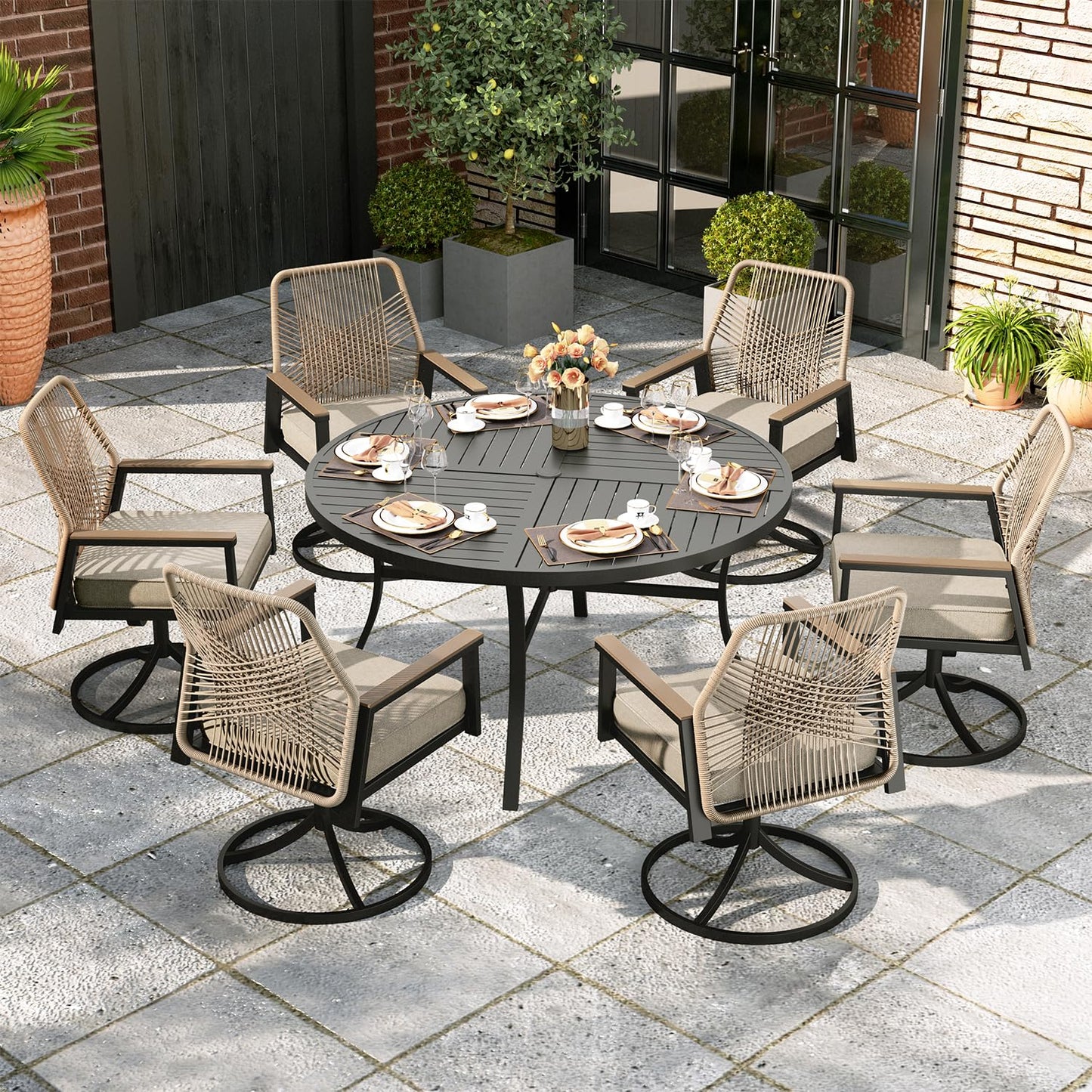 MIXPATIO 7 Pieces Round Outdoor Dining Set for 6, Patio Dining Set Wicker Rattan Chairs with Soft Cushion and 54" Round Table with Umbrella Hole, Round Patio Table and Chairs for Backyard Porch