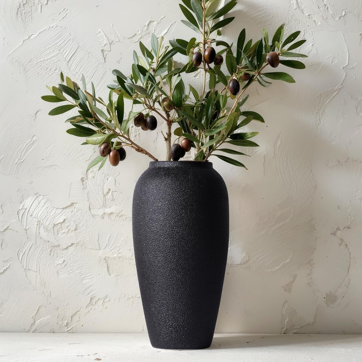 8.3″ Matte Textured Black Ceramic Vase – Modern Rustic Decorative Vase for Pampas Grass, Flowers & Greenery – Small Round Table Centerpiece for Living Room, Entryway, Shelf Decor