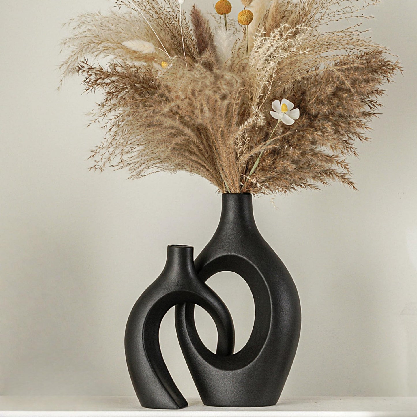 Lvases Snuggle Hollow Ceramic Vase Set of 2, 11Inch Nordic Modern Boho ins Style Decorative Ceramic Aesthetic Flower Vases for Home Decor Living Room Shelf Table Decorative (Matte Navy Blue)