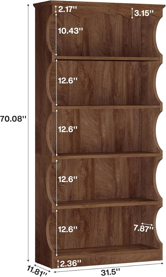 Tribesigns 70-Inch Tall Bookcase, 5-Tier Open Bookshelf with Unique Curved-Edge Design, Wooden Vintage Free-Standing Display Shelves with Storage for Living Room, Home Office, Bedroom