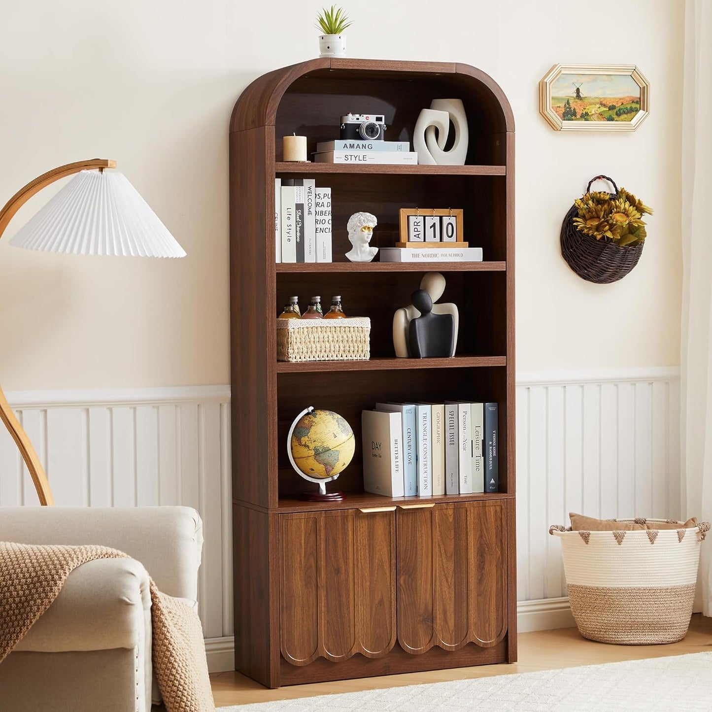 ORRD 70" Tall Arched Bookshelf with Storage Cabinet, Modern 4-Tier Wood Bookcase with Scalloped Doors & Gold Handles, Open Display Shelves for Living Room, Bedroom, or Home Study Office (Walnut)