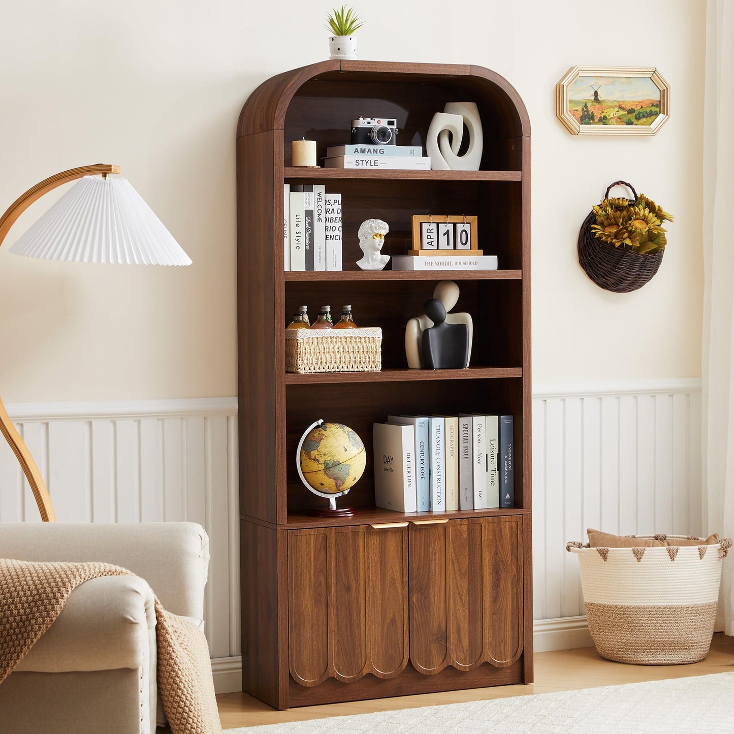 ORRD 70" Tall Arched Bookshelf with Storage Cabinet, Modern 4-Tier Wood Bookcase with Scalloped Doors & Gold Handles, Open Display Shelves for Living Room, Bedroom, or Home Study Office (Walnut)