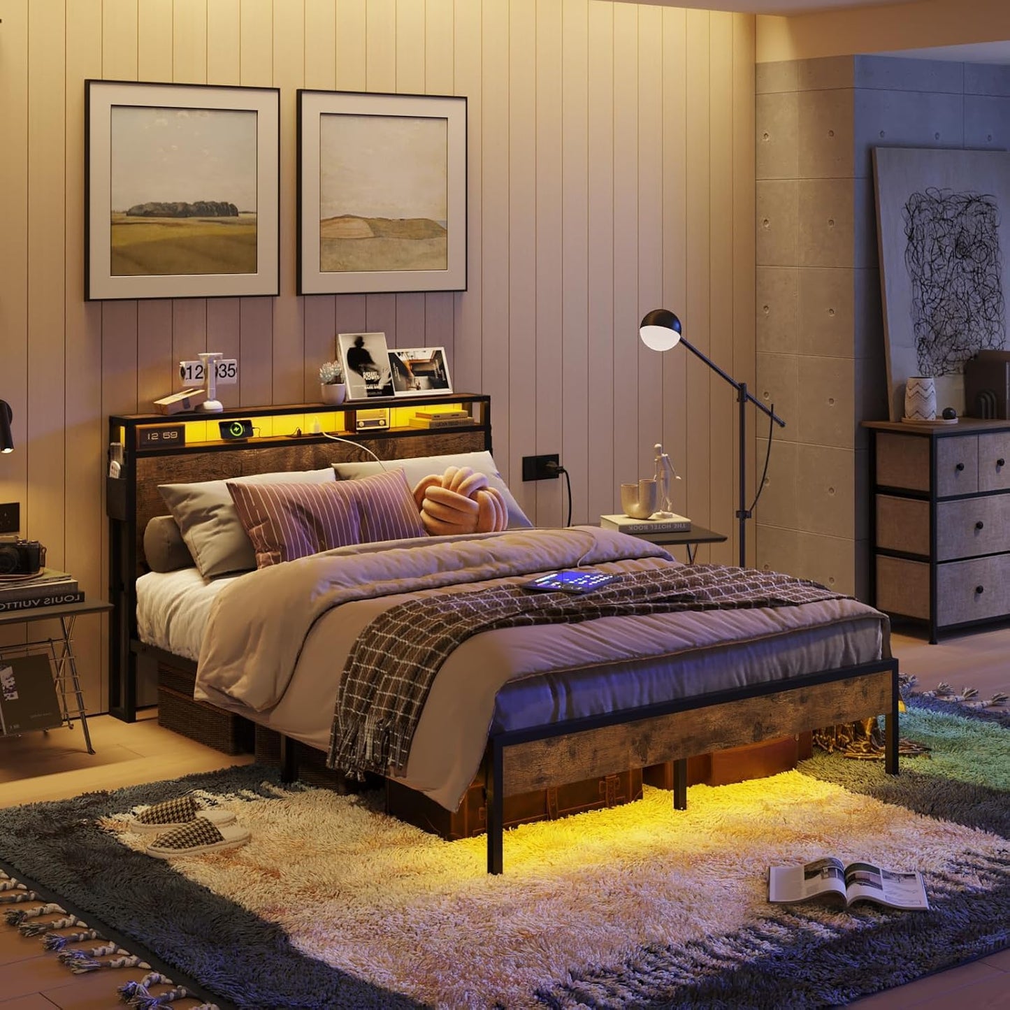 Bestier Queen Bed Frame with Headboard,Platform Queen Size Bed Frame with LED Lighting,Bed Frame Wooden Slats Support,No Box Spring Needed,Never Squeaks, Easy Assembly,Beige
