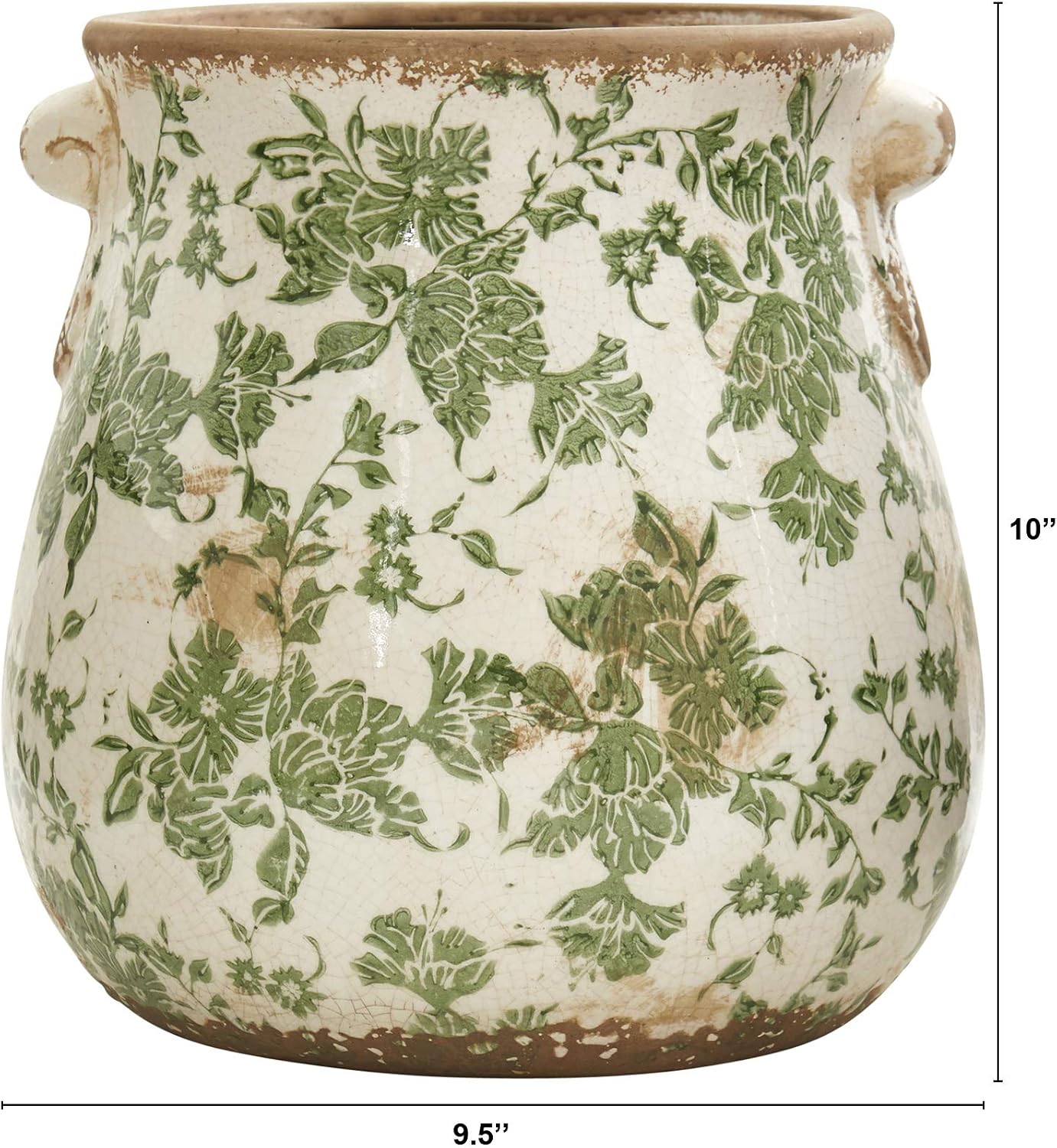 Nearly Natural 10in Ceramic Decorative Vase, Tuscan Style Green Scroll Design for Indoor Home Shelf Table Decor
