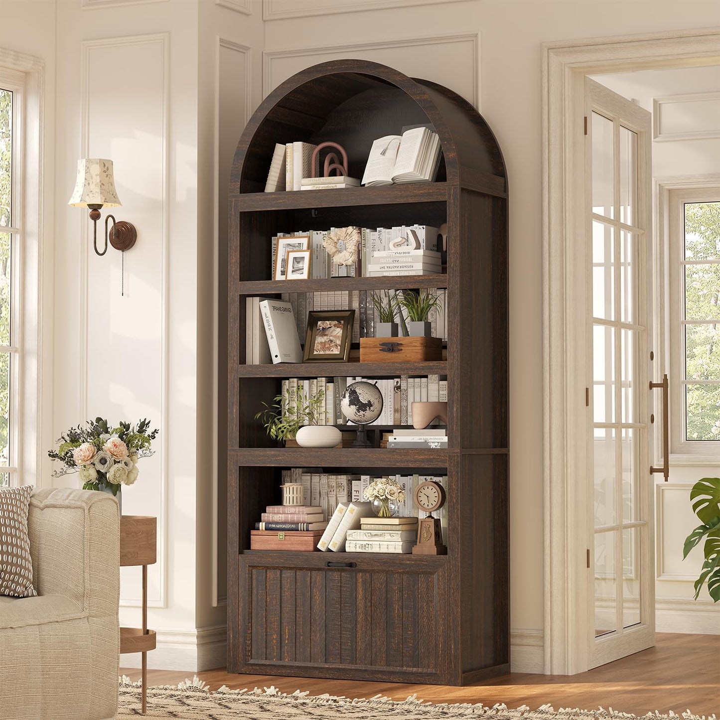 81" Tall Arched Cabinets,Bookcase with storage,Mid-Century Modern 6-Tier Bookshelf with Door,2 Book Risers and Adjustable Shelves offering more storage space for Living Room,Kitchen,Home Office,Walnut