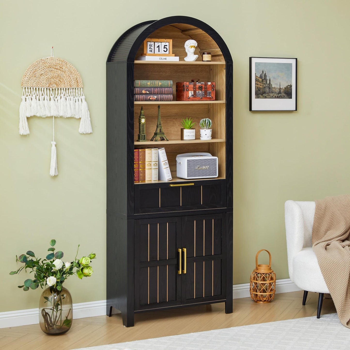 Janmer Home 71" Tall Arched Bookcase with Doors | 6-Tier Mid-Century Modern Arched Bookshelf Storage Cabinet | Adjustable Shelves | Freestanding Display Shelf for Living Room, Office (Natural)