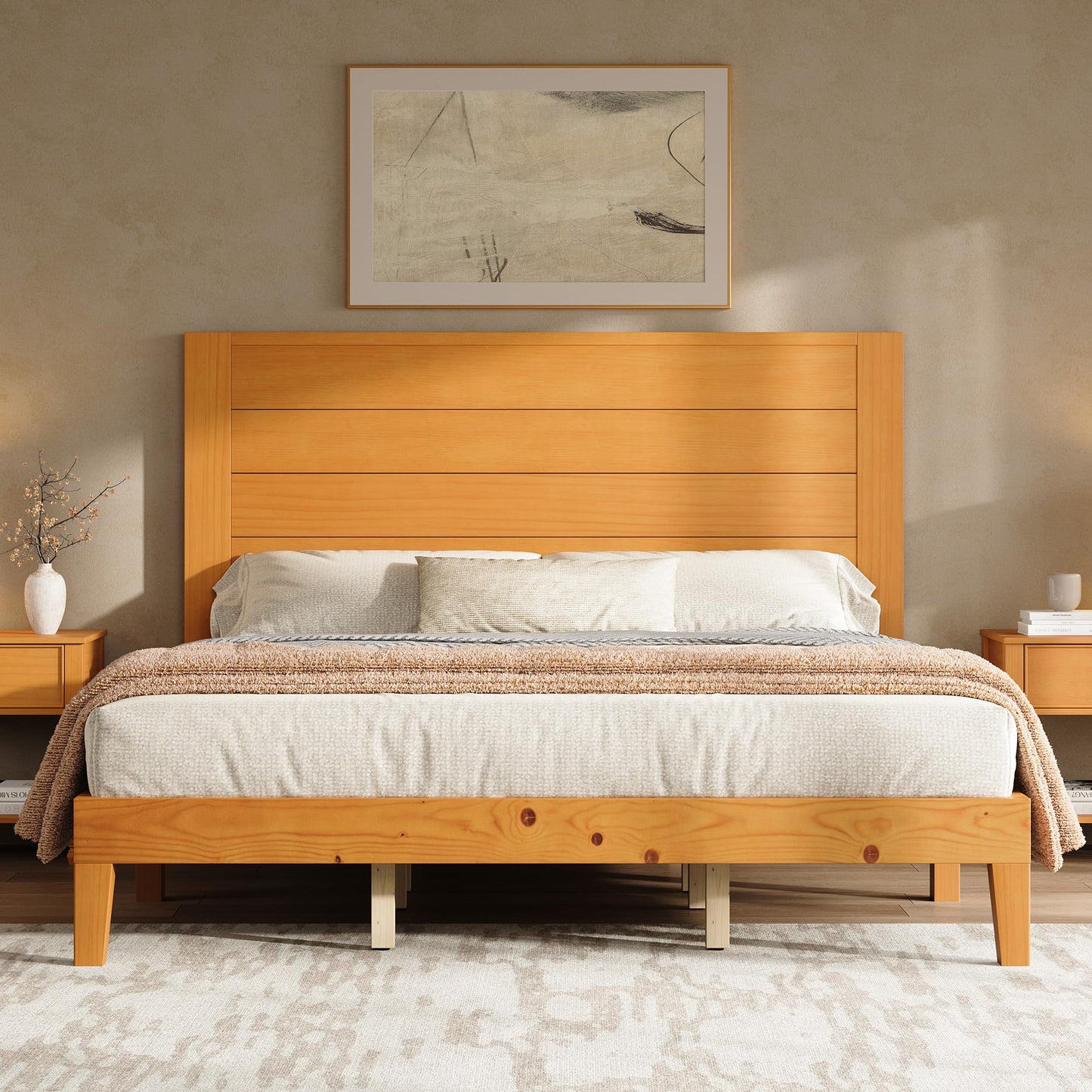 AMERLIFE Queen Size Bed Frame with 48" Tall Headboard, Mid Century Modern Solid Wood Platform Bed with Silent Wood Slat System, No Box Spring Needed, Under-Bed Storage, Dark Walnut