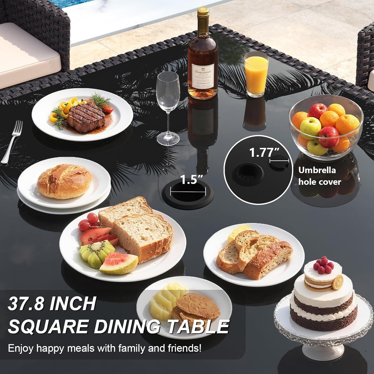 Gotland 5 Piece Outdoor Dining Set, All-Weather Rattan Patio Furniture Set with Umbrella Hole Tempered Glass Square Table, Outdoor Table and Chairs with Removable Cushions for Backyard, Deck, Sand