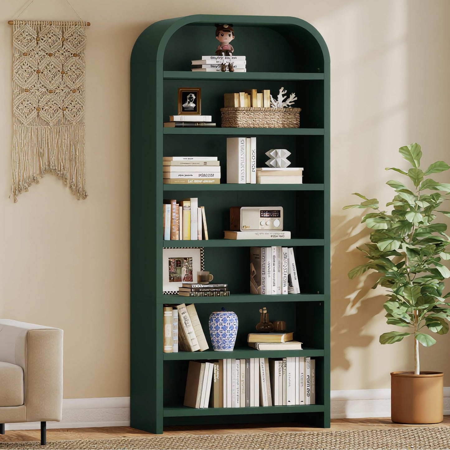 LEVNARY Arched Bookcase with Drawer, 70" Tall 5-Tier Bookshelf with Fluted Carved Drawer, Freestanding Display Storage Cabinet for Living Room Home Office (Walnut)
