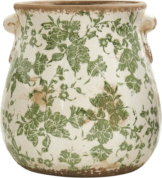 Nearly Natural 10in Ceramic Decorative Vase, Tuscan Style Green Scroll Design for Indoor Home Shelf Table Decor