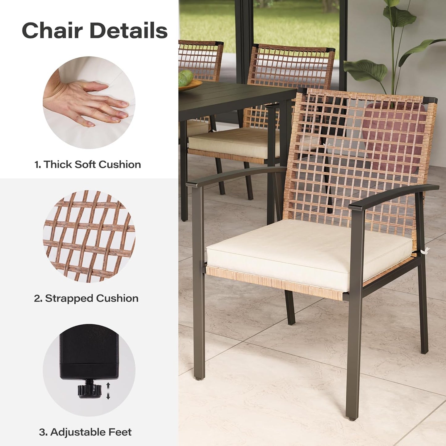 LAUSAINT HOME 7 Pieces Patio Dining Set, Outdoor Furniture Set of 6 Chairs with Soft Cushion and Iron Slats Table Top with Umbrella Hole, Conversation Set for Backyard, Garden and Poolside