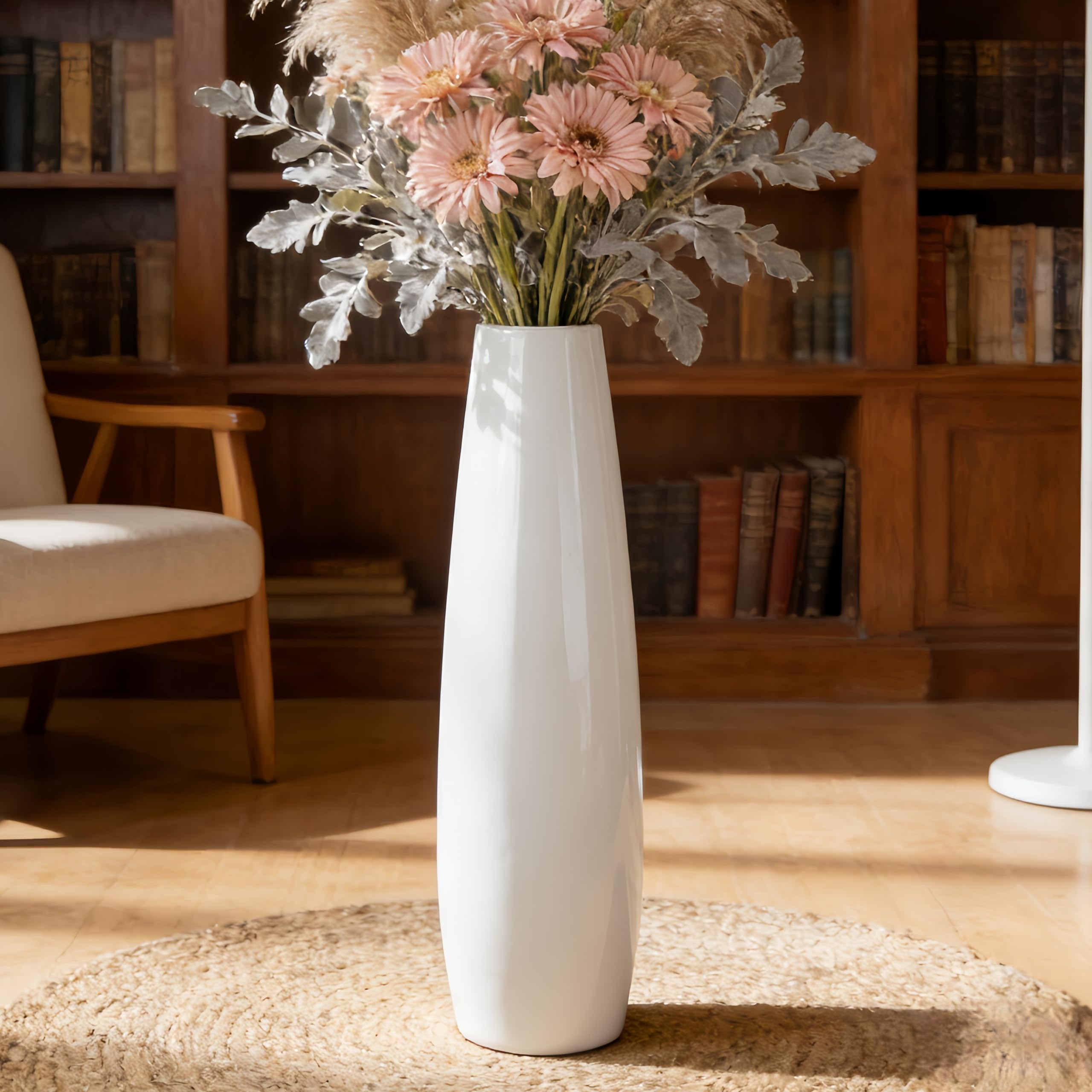 24" Tall Ceramic Floor Vase, GDSZJLJ White Large Decorative Vases for Modern Home Decor, Living Room, Minimalist Style Big Flower Vase for Pampas Grass, Flowers, Twigs, Office, Bedroom Décor