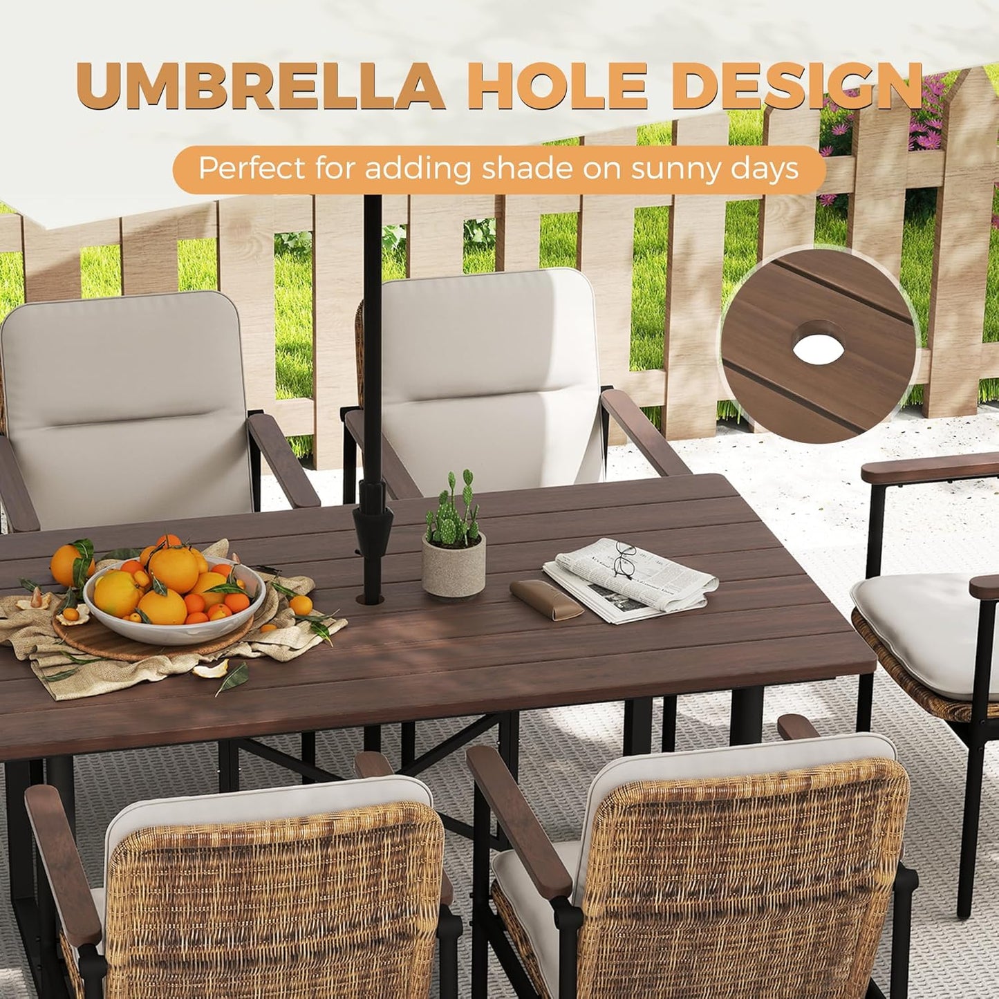 HAPPATIO 7 Piece Patio Dining Set Outdoor, 6 Wicker Chairs with Aluminum Frame and Olefin Cushions, Large Wooden Dining Table with Umbrella Hole,Patio Table and Chairs for Backyard Garden Porch
