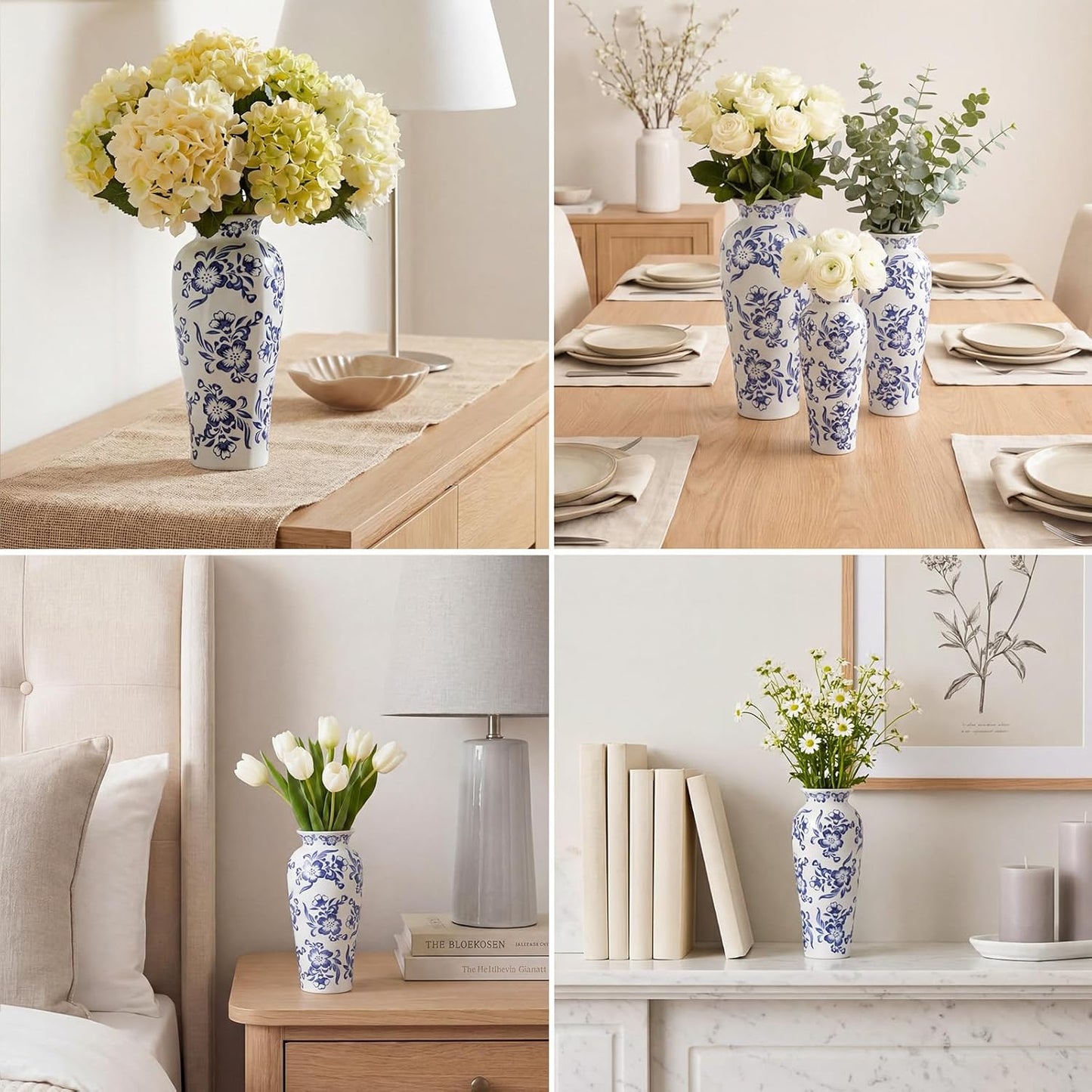 LemonRoad 3 Pack Chinoiserie Vases Porcelain Blue and White Vases for Flowers Pottery Chinoiserie Ceramic Vase for Living Room Mother's Day Decor Table Centerpiece, 6.7", 8.3", 10"(Lotus)