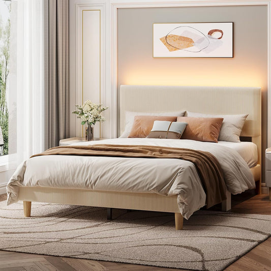 Bestier Queen Bed Frame with Headboard,Platform Queen Size Bed Frame with LED Lighting,Bed Frame Wooden Slats Support,No Box Spring Needed,Never Squeaks, Easy Assembly,Beige
