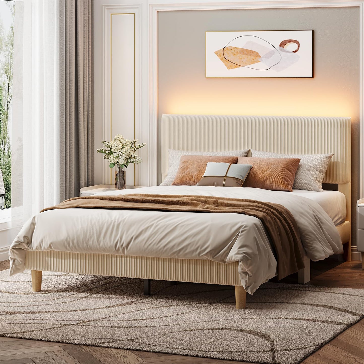 Bestier Queen Bed Frame with Headboard,Platform Queen Size Bed Frame with LED Lighting,Bed Frame Wooden Slats Support,No Box Spring Needed,Never Squeaks, Easy Assembly,Beige
