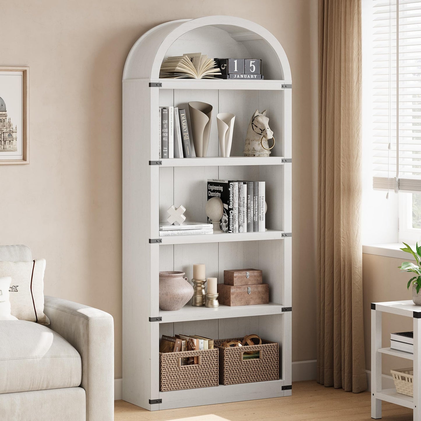 GarveeHome Bookcase 5 Shelf Arched Bookshelf 71.65 in Tall Bookcase Farmhouse Display Storage Rack Wooden Bookshelves for Home Office, Living Room