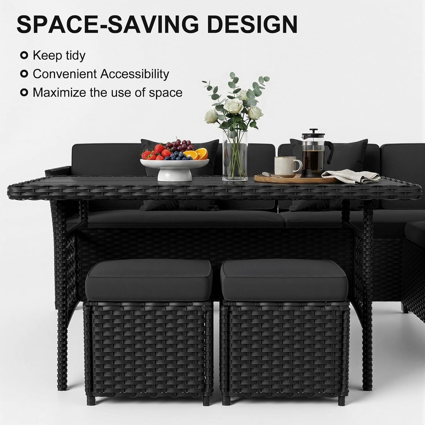 LOUVIXA 7 Pieces Patio Furniture Set, Outdoor Patio Furniture, Wicker Conversation Set with Dining Table, Chairs and Ottoman (17 Modern Black)